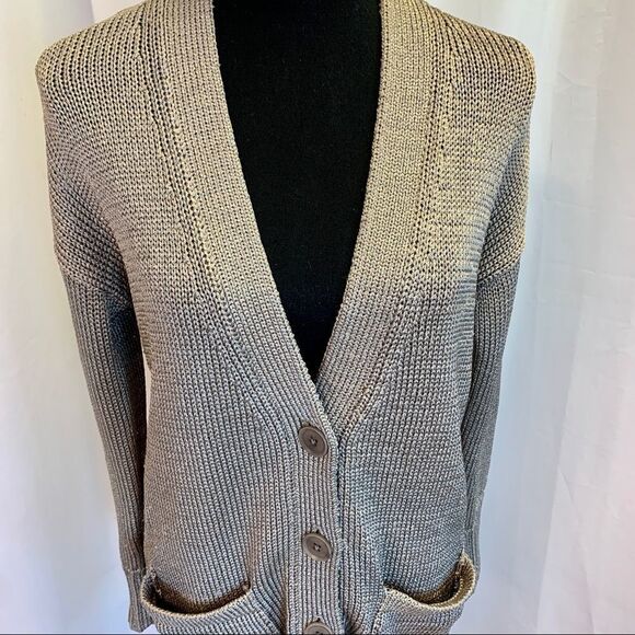 BANANA republic Taupe button front metallic platinum coloured cardigan sweater S - Picture 5 of 11